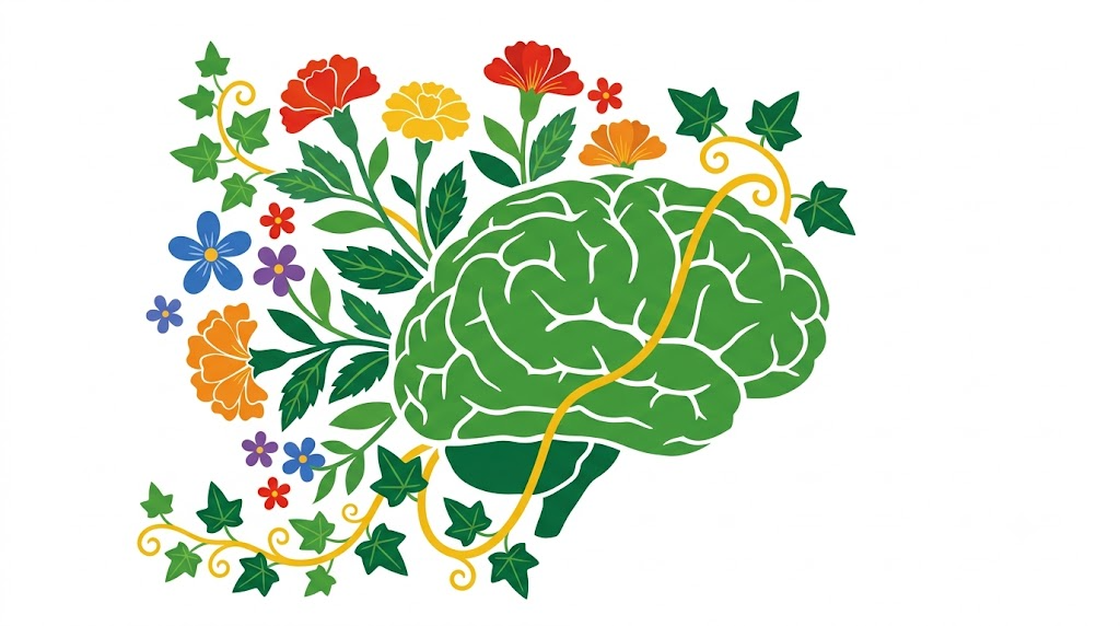 A flat folk-art vector illustration of a human brain among stylised flowers and curling vines on a white background.