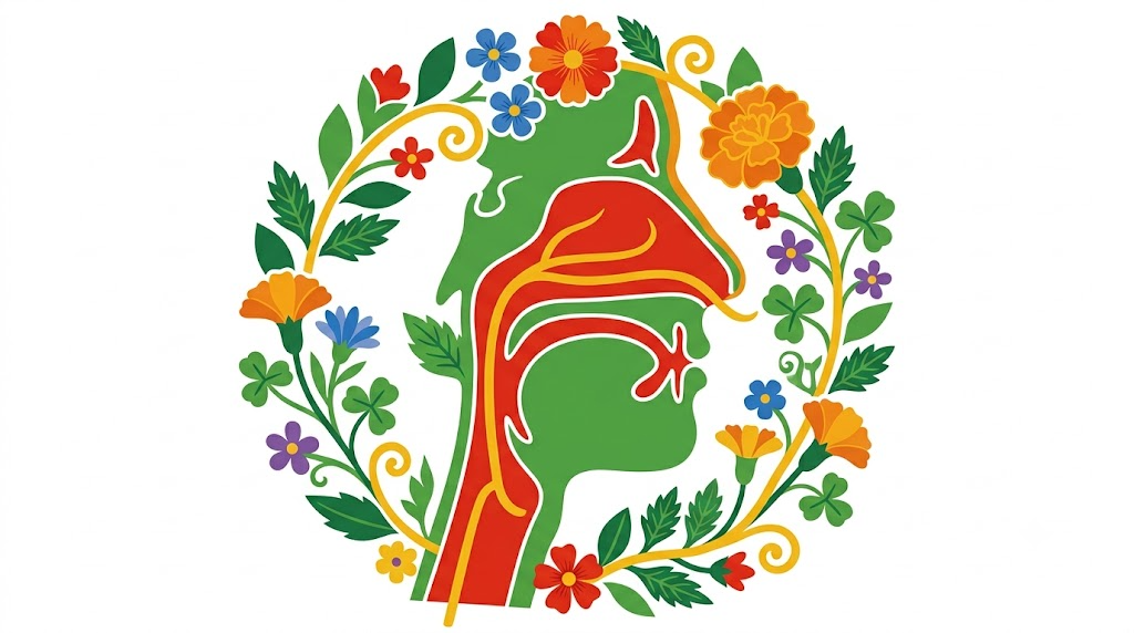 A flat folk-art vector illustration of a human nasal passage and throat framed by stylised flowers on white.
