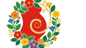 A flat folk-art vector illustration of a pregnant abdomen framed by stylised flowers, leaves and curling vines on white.