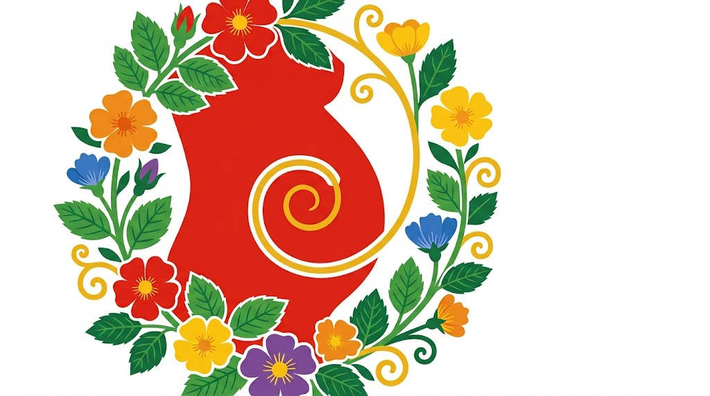 A flat folk-art vector illustration of a pregnant abdomen framed by stylised flowers, leaves and curling vines on white.