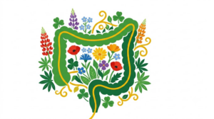 A flat vector illustration of a human small intestine silhouette with a folk-art flower garden behind it on white.