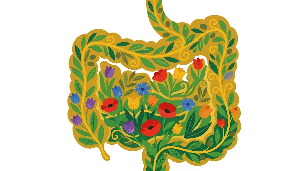 A flat folk-art vector illustration of a human intestine filled with poppies, tulips and olive sprigs.
