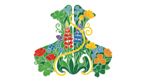 A flat vector illustration of a human nasal sinus cavity filled with a folk-art flower garden on white.