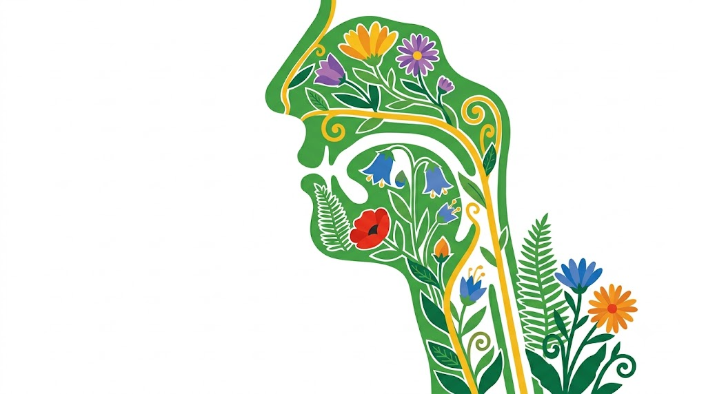 A flat vector folk-art illustration of a human upper airway and throat on a white background.