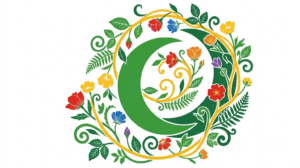 A flat folk-art vector illustration of a green crescent moon ringed by stylised flowers and a golden vine.