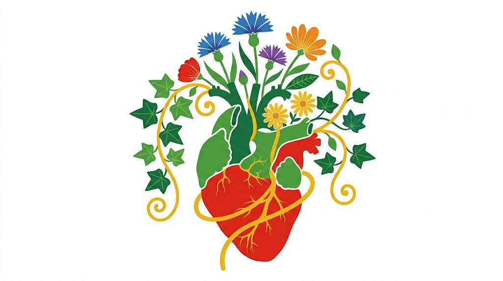 A flat folk-art vector illustration of an anatomical heart with stylised cornflowers and ivy growing from it and a golden vine curling around on a white background.