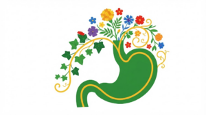 Flat vector illustration of a human oesophagus with stylised marigolds, blossoms and trailing ivy arching over the top.