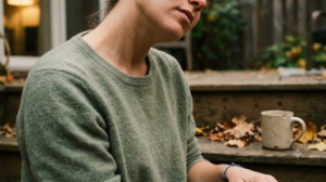 Close crop of a person tilting their head to one side through a gentle neck stretch on a low step.
