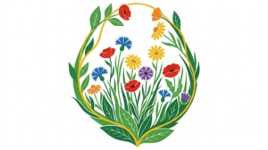 A flat folk-art vector illustration of a human womb framed by stylised flowers and curling vines on white.