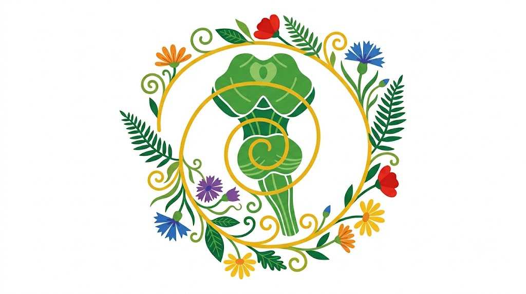 A flat folk-art vector illustration of a human brainstem wound with vines, cornflowers, daisies and ferns on white.