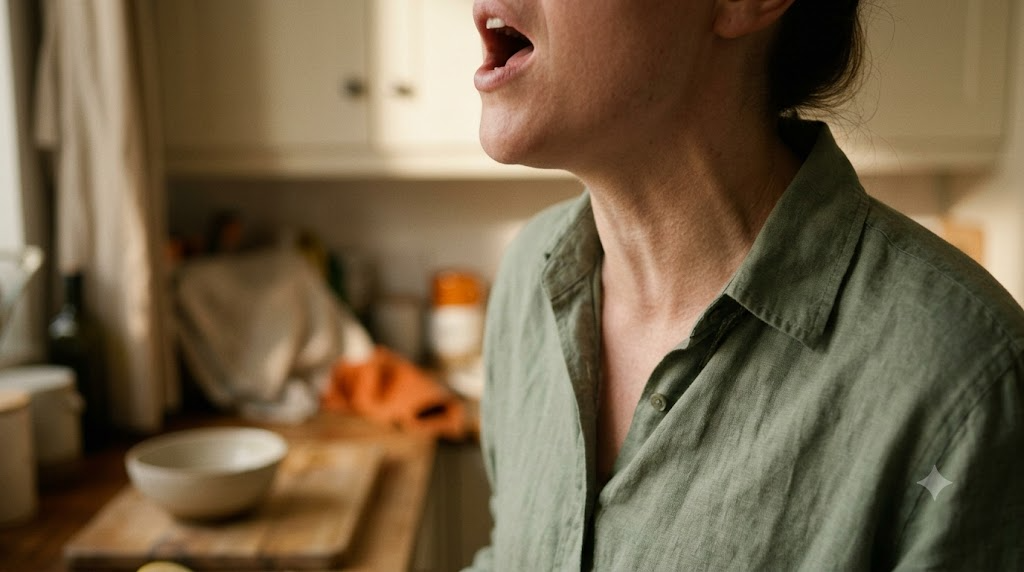 A close, warm photograph cropped at the chin of a person singing with their mouth open and chin lifted at a wooden counter.