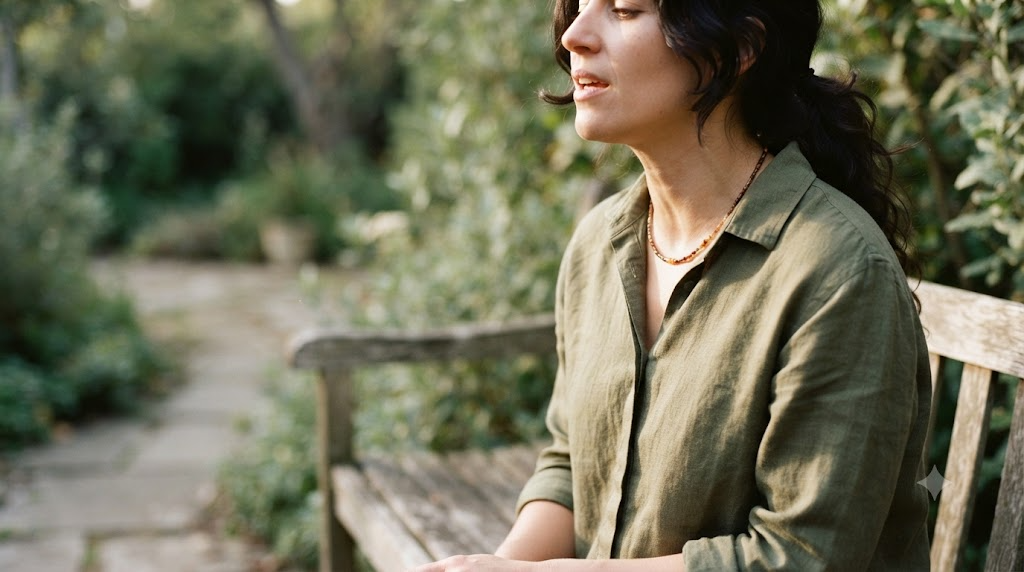 A view cropped at the chin of a person singing a long steady note on a low bench outdoors in soft afternoon light.