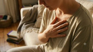 A person on a sofa hums with one hand resting on their sternum, books and a blanket softly out of focus.