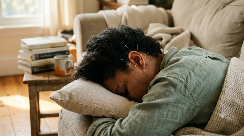 A person lying on their side with fine acupuncture needles set in their outer ear, in a warm, lived-in room.