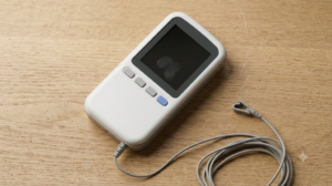 A small handheld nerve stimulator with an ear clip electrode and coiled cable photographed from above on an oak surface.