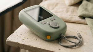 An unbranded sage handheld nerve stimulator with a dark screen, rotary dial and short lead on a pale stone shelf.