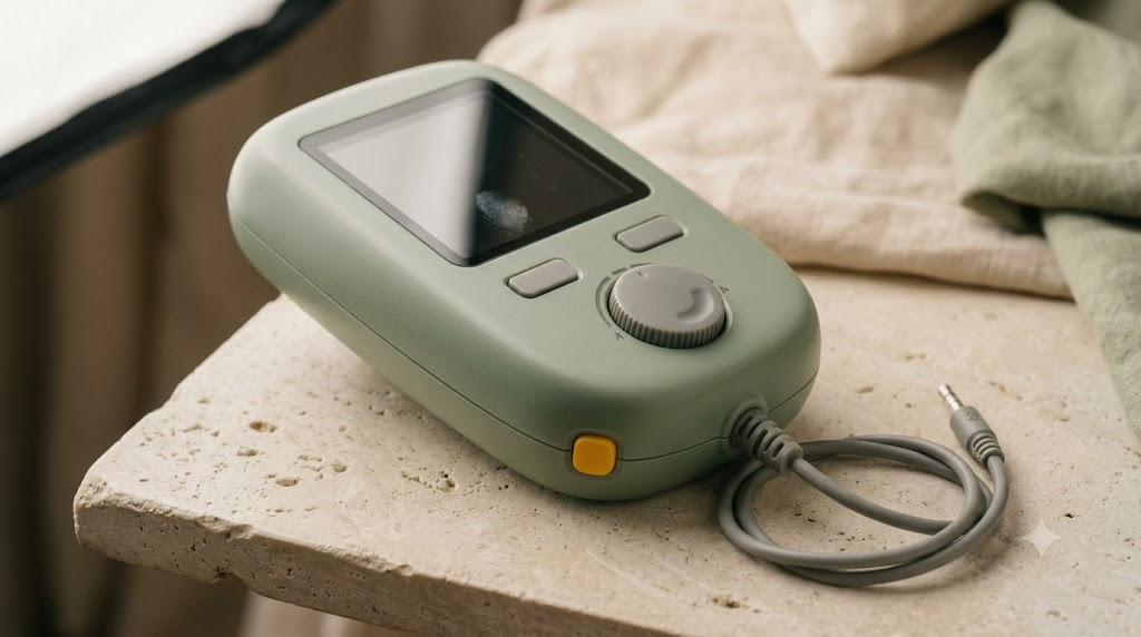 An unbranded sage handheld nerve stimulator with a dark screen, rotary dial and short lead on a pale stone shelf.