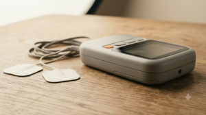 An unbranded TENS unit with two lead wires and flat electrode pads on an oak surface.