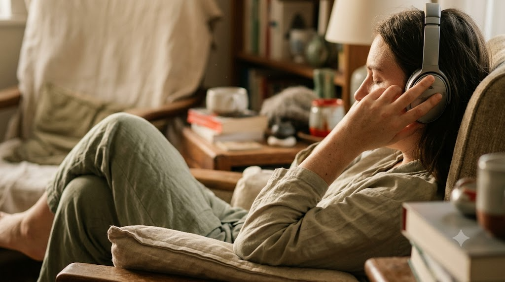A person listening to music through over-ear headphones with their eyes closed in a warm room