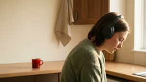 A person listens to music through over-ear headphones with their eyes closed in a calm, softly lit room.