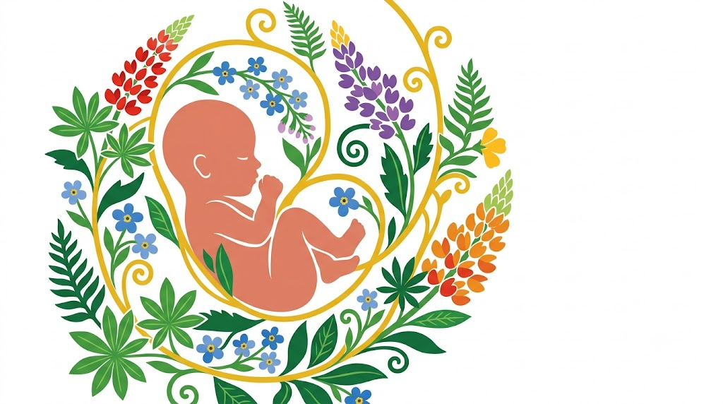 A flat folk-art vector illustration of a fetus curled in the womb, decorated with stylised flowers on white.