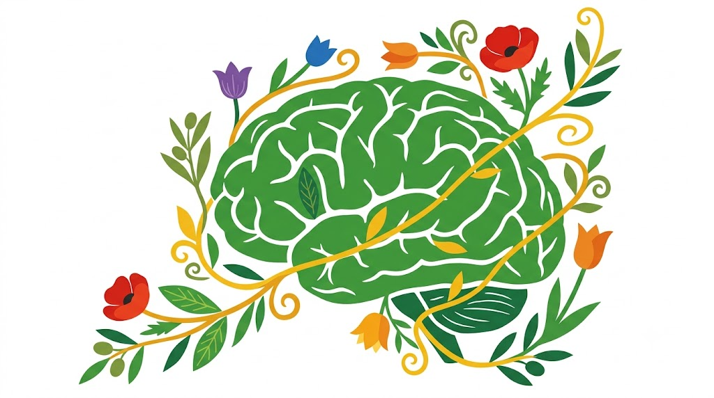 Flat vector illustration of a human brain framed by stylised flowers and leaves on a white background.