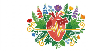 Flat vector illustration of a human heart with a slow pulse line, surrounded by folk-art blooms.