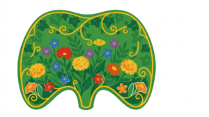 A flat folk-art vector illustration of a domed diaphragm muscle filled with stylised marigolds, leaves and golden vine scrollwork on a white background.