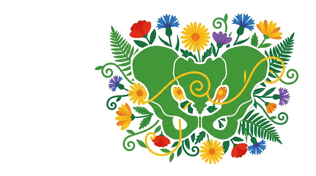 Flat vector illustration of a human pelvis framed by folk-art flowers and trailing vines.