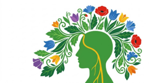 Flat vector folk-art illustration of a simplified human head and neck with the vagus nerve traced down it, surrounded by stylised blooms and foliage on a white background.