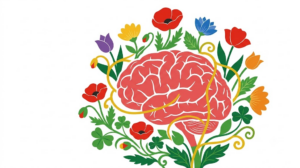A flat folk-art vector illustration of a human brain framed by stylised poppies, leaves and curling golden vines on white.