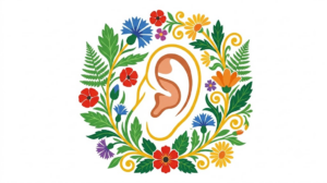 A flat folk-art vector illustration of a human ear framed by stylised flowers, leaves and curling vines on white.