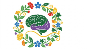 A flat folk-art vector illustration of a human brain among stylised flowers and curling vines on a white background.