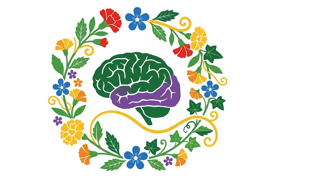 A flat folk-art vector illustration of a human brain among stylised flowers and curling vines on a white background.