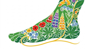 A flat vector illustration of a human foot surrounded by folk-art botanicals.