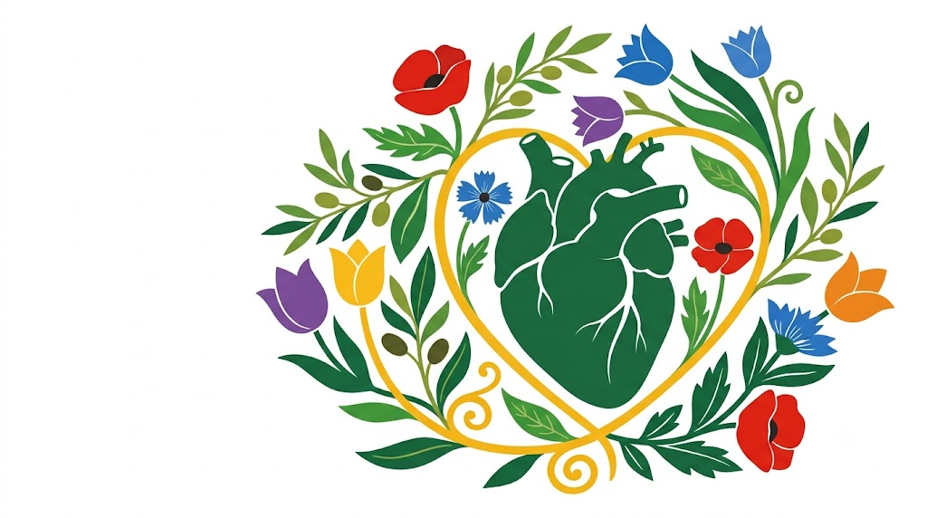 A flat folk-art vector illustration of a frog heart encircled by a spiral of stylised poppies, tulips and olive sprigs on a white background.