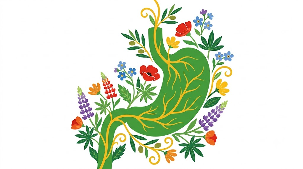 A flat folk-art vector illustration of a human stomach with lupins, forget me nots and olive sprigs climbing around it.