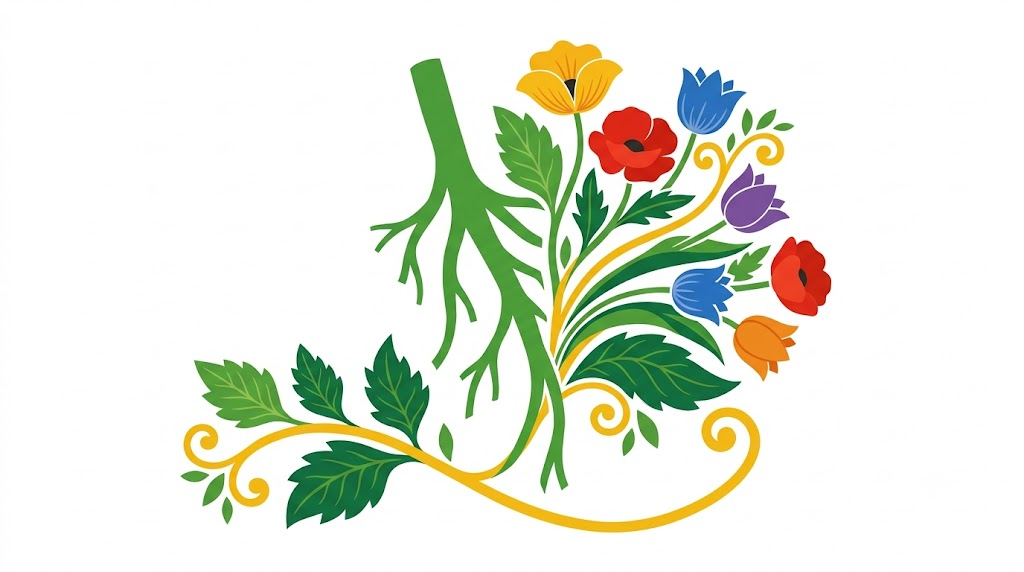 A flat folk-art vector illustration of the human vagus nerve framed by stylised flowers, leaves and curling vines on a white background.