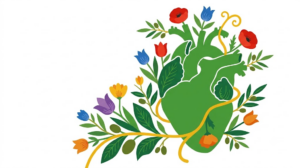 A flat folk-art vector illustration of a human heart framed by stylised flowers and curling vines on white.