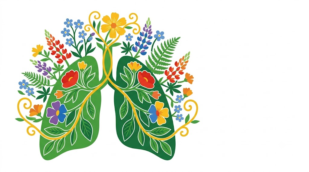 A flat vector folk-art illustration of a pair of human lungs with stylised flowers and leaves on a white background.