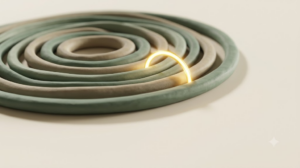Flat clay coil of nested sage and putty rings with a bright golden arc bridging a gap between two of them.