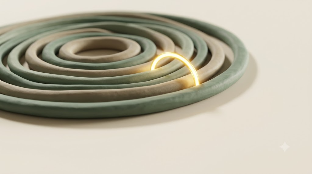 Flat clay coil of nested sage and putty rings with a bright golden arc bridging a gap between two of them.