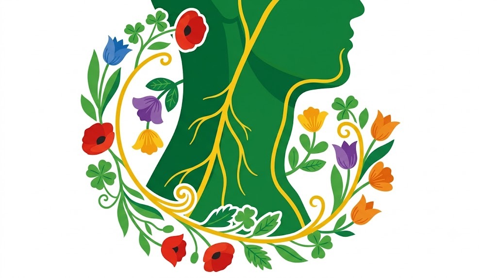 A flat folk-art illustration of a human neck in profile with the vagus nerve running down it, encircled by a spiral of stylised poppies and tulips.