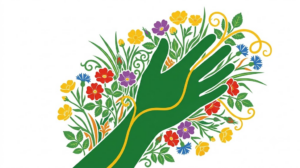 A flat folk-art vector silhouette of a human hand with wild roses and buttercups behind it.