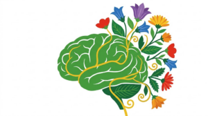 A flat folk-art vector illustration of a human brain with a spray of bellflowers and asters beside it.