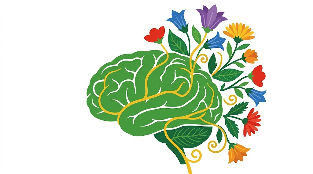 A flat folk-art vector illustration of a human brain with a spray of bellflowers and asters beside it.