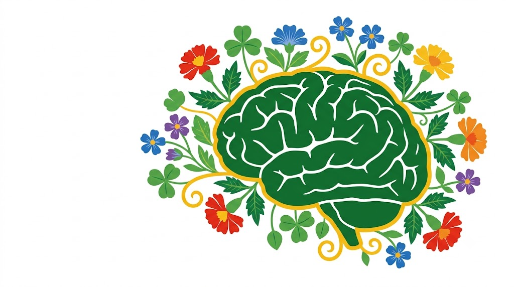 A flat folk-art illustration of a human brain as a solid silhouette with a garden of marigolds and small blossoms sitting behind it.