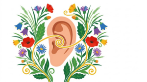 A flat folk-art vector illustration of a human ear between mirrored sprays of stylised flowers.