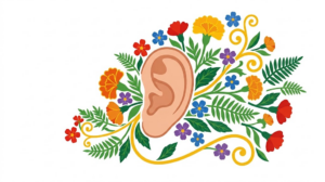 A flat folk-art vector illustration of a human ear with a spray of marigolds, blossoms and ferns to one side.