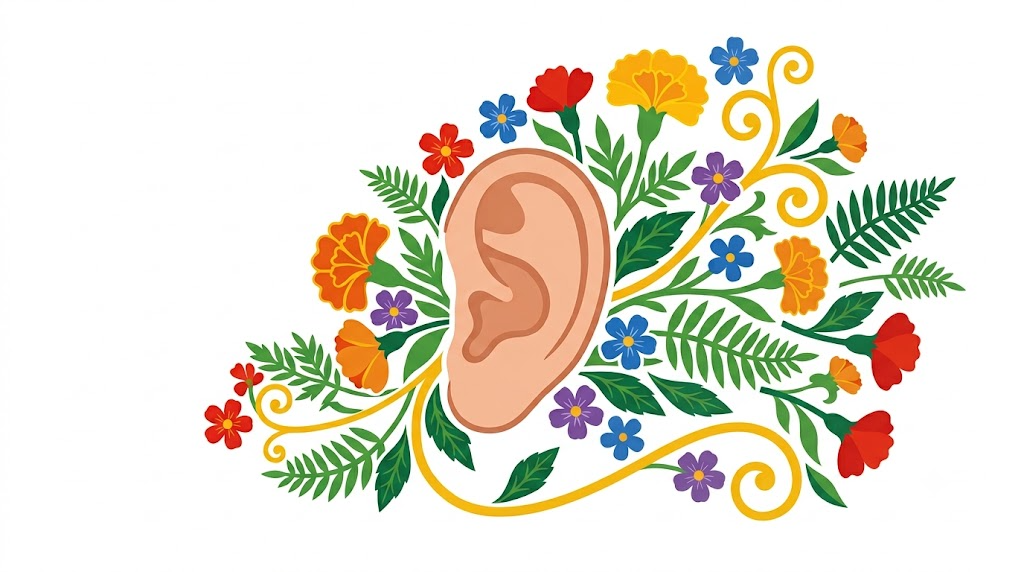 A flat folk-art vector illustration of a human ear with a spray of marigolds, blossoms and ferns to one side.